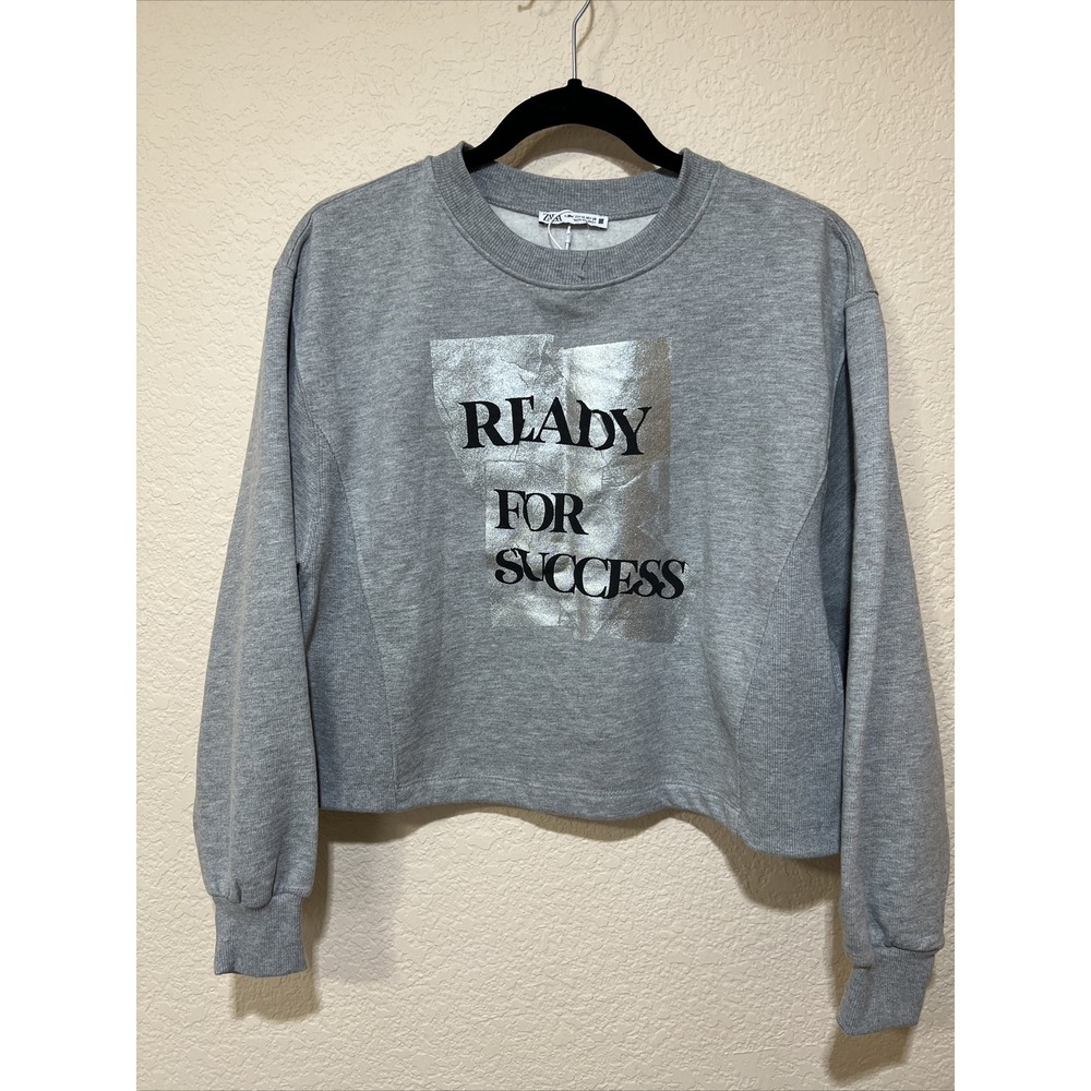 NWOT Zara Sweatshirt M Cropped Gray "Ready for Success" Long Slv Relaxed Fit